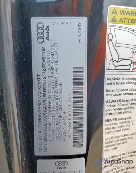 2008 Audi Tt 2.0T z USA, uszkodzony, nr VIN TRUAF38J481031331